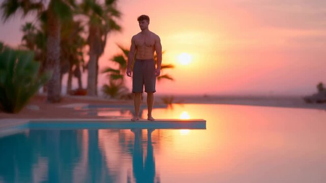 Sunset dive: man on diving board silhouetted against vibrant horizon