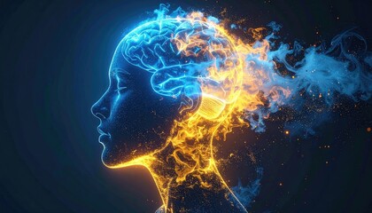 Fototapeta premium Glowing human head with fiery brain symbolizing AI and intense thought.