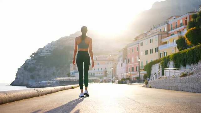 Woman walking along scenic sunlit seaside promenade with colorful coastal buildings