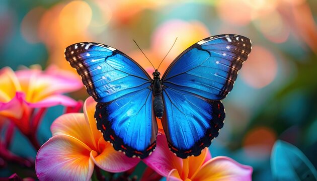 FlyPro Firefly presents a detailed photographic capture of a magnificent Blue morpho butterfly with iridescent blue wings, gracefully resting on a vibrant tropical flower, showcasing natural beauty.
