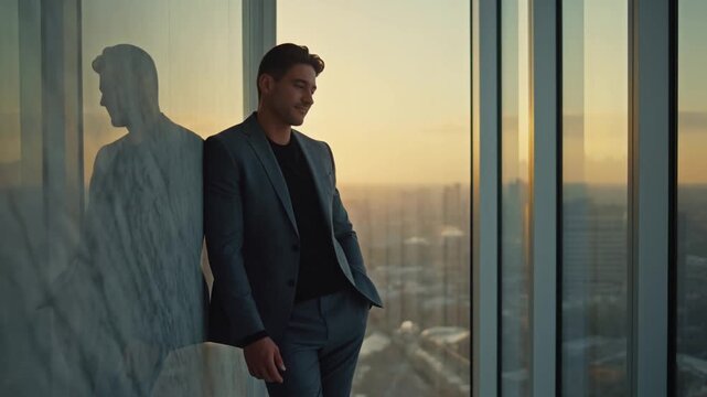 Businessman contemplating cityscape from highrise window at sunset