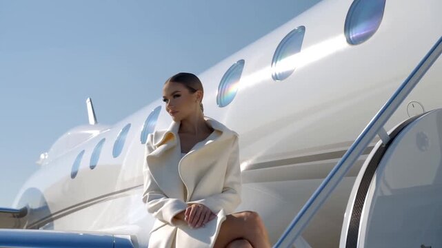 Elegant woman disembarking private jet under clear sky in stylish coat