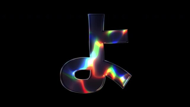 A Japanese Hiragana "よ" with various colors of light sparkling on its glass-like surface with alpha channel. Seamless loop video.