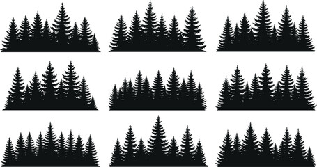 Fototapeta premium Coniferous tree cluster silhouette illustration set, forest compositions, evergreen varieties, landscape and environmental design theme - flat vector illustration