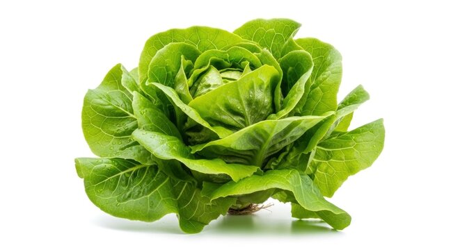 Fresh, vibrant green butter lettuce head with water droplets, isolated on a white background. Perfect for healthy eating and salads.