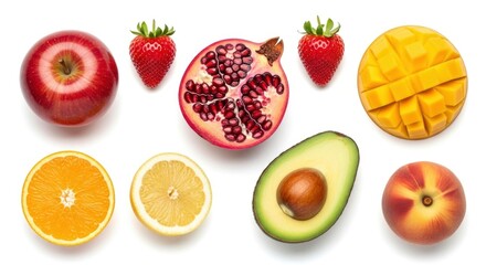 Fototapeta premium Vibrant collection of fresh, ripe fruits including apple, strawberry, pomegranate, mango, orange, lemon, avocado, and peach on white.