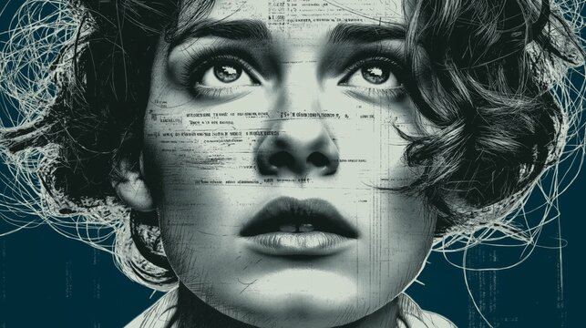A striking portrait reveals a young woman's face with layers of abstract text overlaying her features. The deep blue background enhances her contemplative gaze, inviting reflection on self-discovery