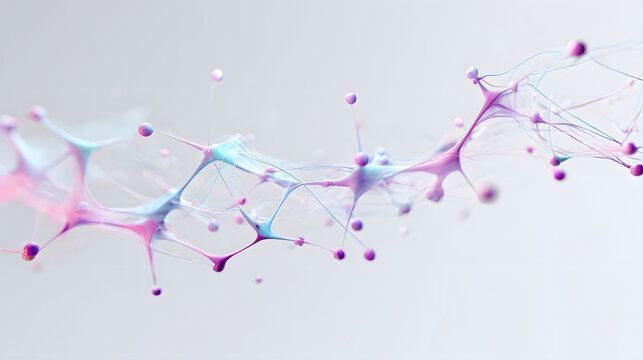 Abstract 3D rendering of neural network with interconnected neurons and synapses. Represents brain activity, AI, or biological computing concepts with soft gradient colors on a light background.