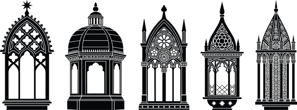 Gothic window silhouette illustration set, ornate tracery, pointed arches, rose motifs, architectural heritage and design inspiration theme - flat vector illustration