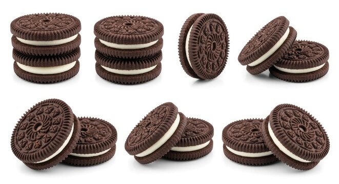 Collection of classic chocolate sandwich cookies with sweet vanilla cream filling, isolated on a clean white background for food and dessert themes.