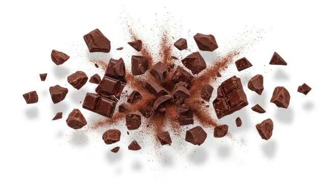 Dynamic explosion of dark chocolate chunks and cocoa powder on a white background, perfect for food concepts and confectionery.