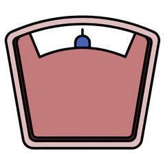 Obraz premium Simple weighing scale illustration showing a red scale with a blue weight on a white background from a straightforward viewpoint