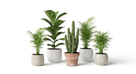 Obraz premium A collection of diverse potted houseplants including a fiddle-leaf fig, cactus, and palm varieties, arranged on a white background.