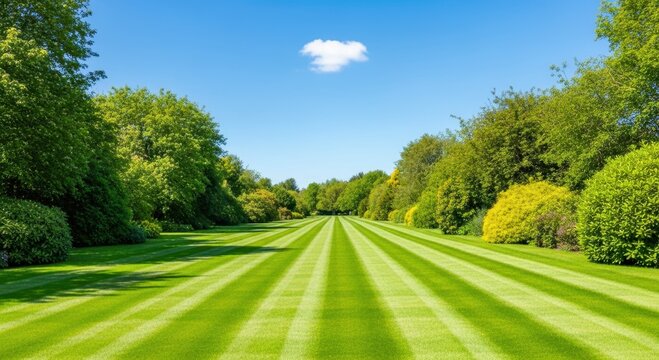 Large manicured lawn stretches across image. Green grass meticulously maintained in parallel stripes. Trees, bushes surround lawn creating beautiful garden. Bright nice sunny day with clear blue sky.