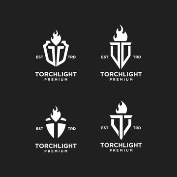 Modern Torchlight Logo Design Collection with Stylized Flame, Geometric Shield, and Typography, Ideal for Premium Branding and Corporate Identity.