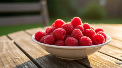 Fresh Raspberries in Bowl on Wooden Table, Summer Sunlight