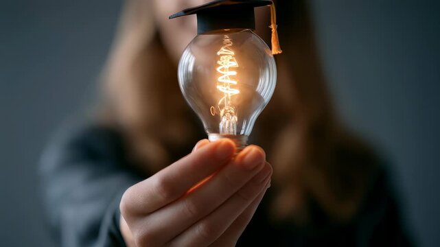 Woman holding lightbulb with graduation hat icon, e learning education course degree concept, creative thinking idea and problem solving, online certificate program background
