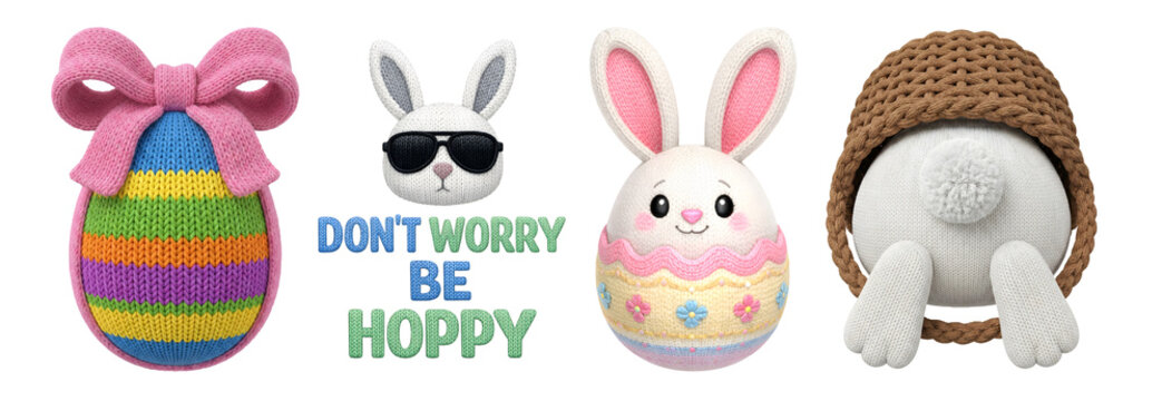 Funny Easter illustration set. Collection of cute knitted amigurumi bunnies, including a cool bunny with sunglasses, a bunny butt in a basket, and colorful eggs. Perfect for holiday humor and greeting