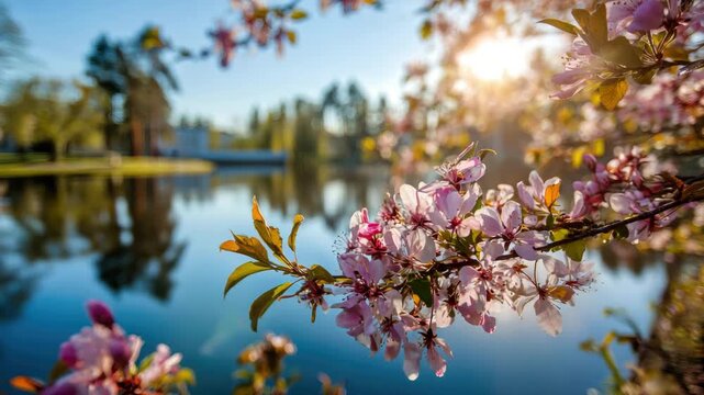 spring in the city park by lake animation