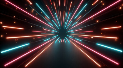 Fototapeta premium Abstract Neon Light Tunnel with Radiant Starburst and Glittering Particles