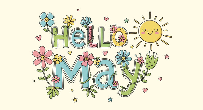 Colorful Hello May Hand Drawn Greeting.