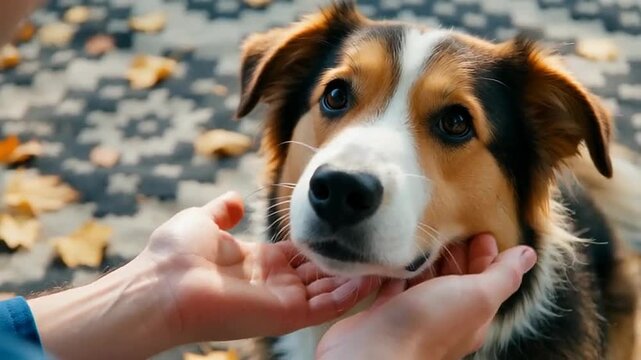 Close-up of a playful dog interacting with a person in an autumn setting with fallen leaves and a patterned ground