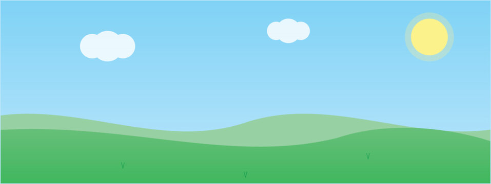 Simple vector landscape with rolling green hills, a bright yellow sun, and two white clouds against a clear blue sky, illustrating a serene natural environment.