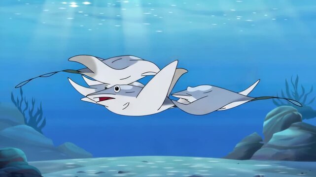 Manta Rays Swimming Underwater in Sunlight Rays Schooling and Playing Stock Footage