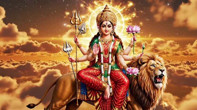 Divine Goddess Durga seated on lion with radiant aura symbolizing power protection devotion faith spirituality and Indian tradition during sacred Navratri festival
