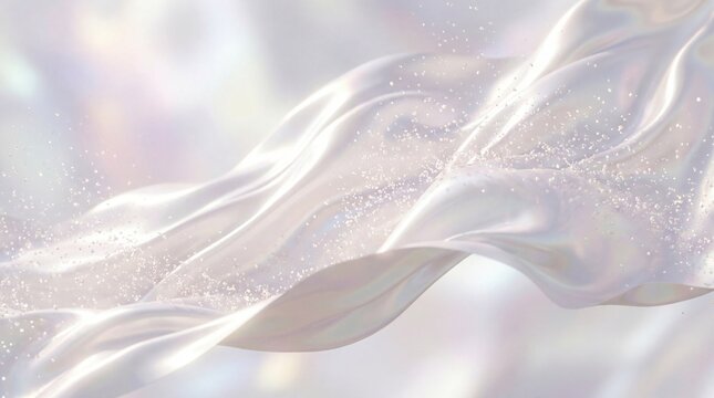 Abstract background of flowing white silk fabric with sparkling iridescent particles, creating a luxurious, elegant, and magical atmosphere