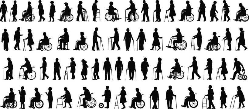 Large collection of black silhouettes featuring elderly people using wheelchairs walkers and walking sticks isolated on a white background for healthcare and accessibility design