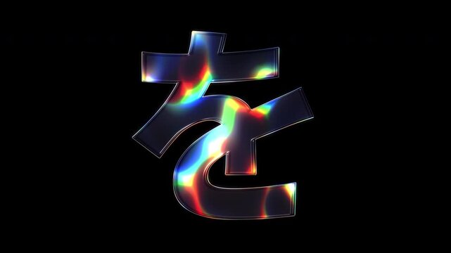 A Japanese Hiragana "を" with various colors of light sparkling on its glass-like surface with alpha channel. Seamless loop video.