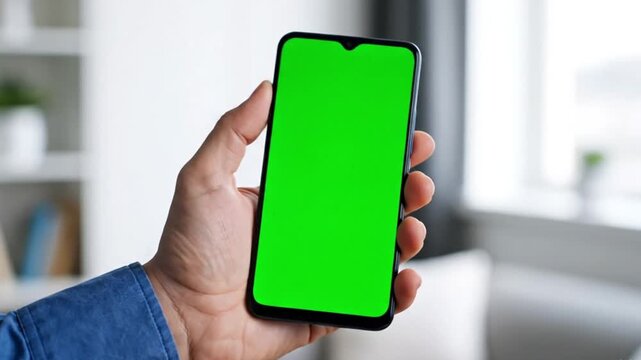 Closeup of a person holding a mobile device with an empty green screen for content insertion