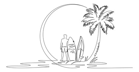 Continuous line drawing of a beach with palm trees and surfboards.eps