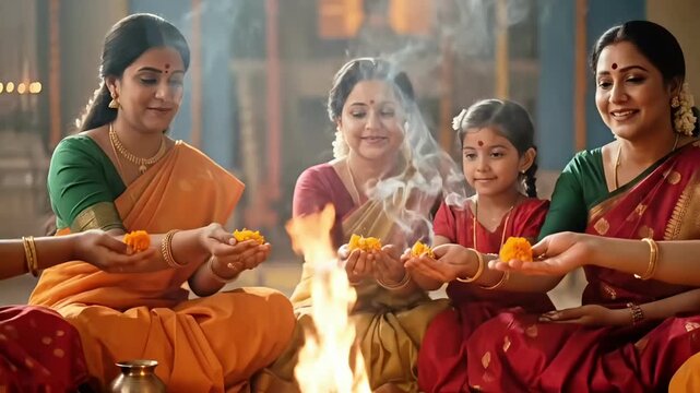 Sacred gudi padwa puja ritual with indian women and child performing havan ceremony at home celebrating hindu new year tradition