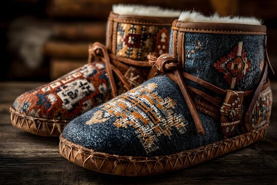 Cozy mukluk boots on wood, showing traditional style and native craftsmanship.
