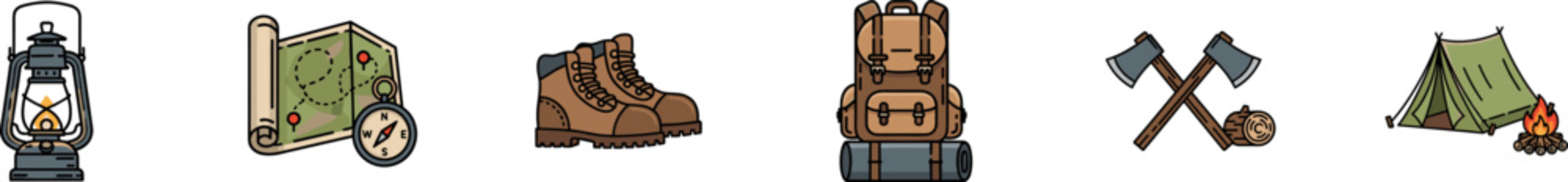 Camping and outdoor adventure icons set featuring a vintage kerosene lantern, a paper map with a compass, brown leather hiking boots, a large travel backpack with a bedroll, crossed woodcutting axes, 