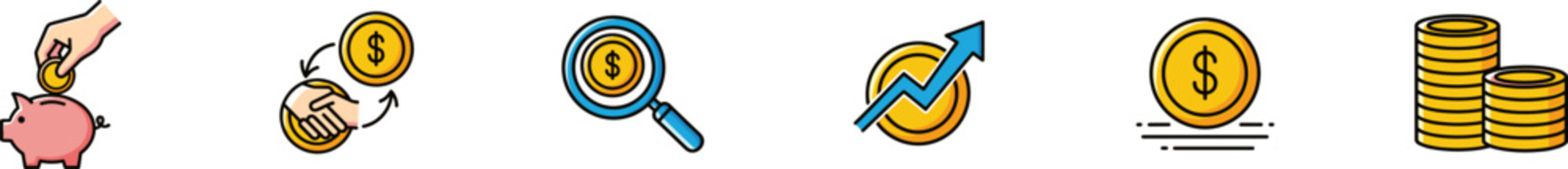 Finance and banking icons set including a hand putting a coin into a piggy bank, a globe with a gold coin, a magnifying glass over a coin, a growth chart with a coin, a single gold dollar coin, and tw