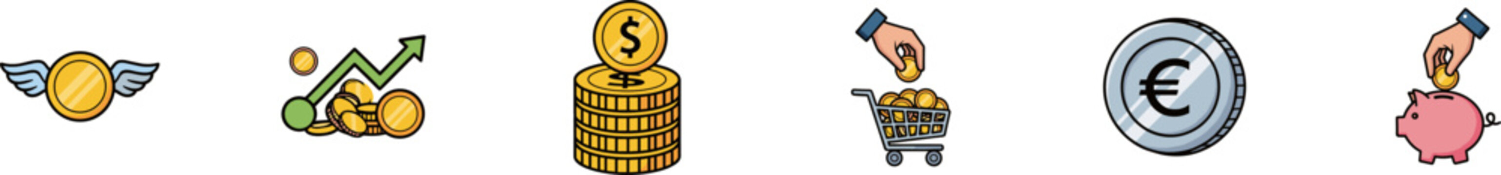Finance and currency icons set including a winged gold coin, growth chart with coins, a stack of dollar coins, a hand placing a coin into a shopping cart, a Euro coin, and a hand putting a coin into a