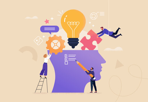 Design Thinking. Vector illustration of creative teamwork shaping ideas inside human mind. Concept of innovation, problem solving, collaboration, strategy, brainstorming, and user-centered thinking.