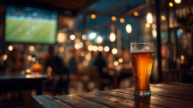The atmosphere is like a sports bar. Beer glasses are on the table, a football match is playing on a television in the background, and the people watching are blurry.