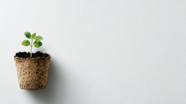 Single seedling in biodegradable pot sitting on blank neutral background, rich soil visible inside compact pot, minimalist studio composition with generous negative space for branding and packaging
