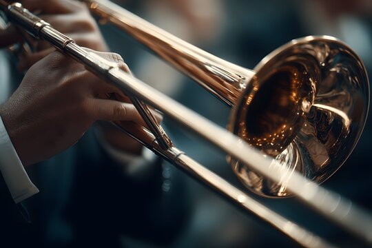 Trombone artist jamming in cool studio glow with shiny metal and smooth finger work.