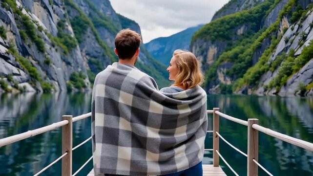 Couple wrapped in a plaid blanket standing together on a wooden pier overlooking a serene fjord surrounded by steep cliffs and lush greenery