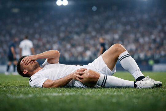 Male football player lying injured on pitch during match in packed stadium. Concept of sports injury, physical pain, recovery process, medical support and athlete vulnerability.