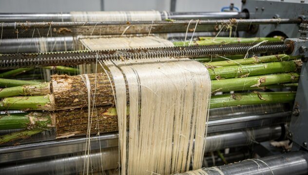 Medium shot of vibrant green kenaf stems undergoing industrial decortication separating fresh bast fibers from core for sustainable textile production.