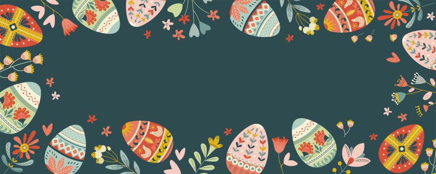 Easter vector banner with decorative eggs and delicate floral elements in chalk textured folk style. Rustic spring illustration for greeting cards, invitations, holiday promotions and seasonal design