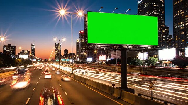 Blank green billboard stands on a busy city highway, displaying promotional media against a dark cityscape and dynamic urban atmosphere.