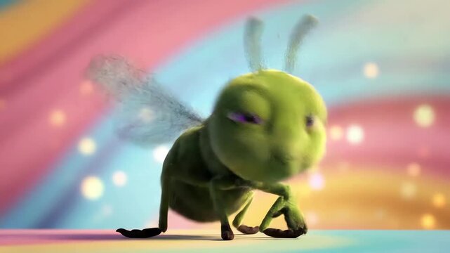 The cute cartoon green insect character flies cheerfully, providing a fun feel with a toy style and macro-style wildlife-themed visual touches.