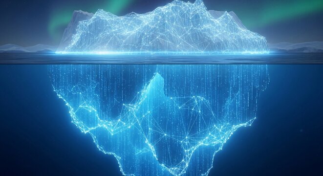 Digital iceberg with glowing network structure above and below water, illuminated by aurora borealis.